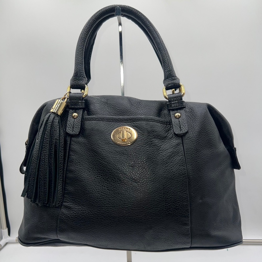 Tommy Hilfiger Black Leather Satchel Purse Shoulder Bag Tassel Gold Hardware